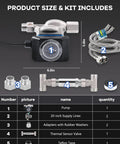 Instant Hot Water Recirculating Pump Kit For Tank Water Heaters With 304 Stainless Bypass Valve And 20 Inch PEX Supply Lines No Return Line Required Easy Plug And Play Install showing included pump, supply lines, and accessories.