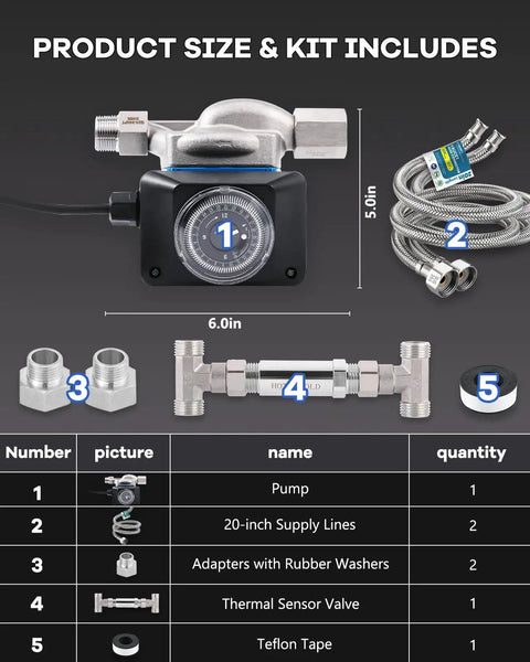 Instant Hot Water Recirculating Pump Kit For Tank Water Heaters With 304 Stainless Bypass Valve And 20 Inch PEX Supply Lines No Return Line Required Easy Plug And Play Install showing included pump, supply lines, and accessories.