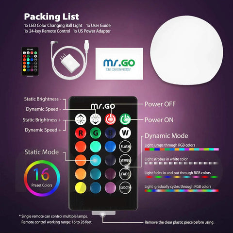 16 Inch Rechargeable LED Glowing Ball Light With Remote Waterproof Orb Lamp Featuring 16 RGB Colors, showing remote control and features.