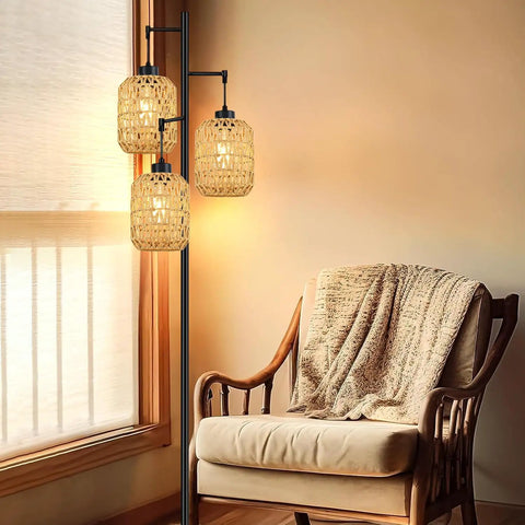Boho Rattan Tree Floor Lamp With Three Edison Bulbs, Industrial Black Standing Farmhouse Style beside wicker chair in living room