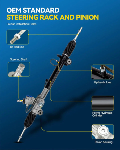 Drop In Rack And Pinion Steering Assembly Replacement Direct Fit For 2004 2007 Toyota Highlander Base Limited Sport 2007 2009 Lexus RX350 And 2004 2006 RX330 With Hydraulic Power OE 262617 image showing labeled parts including tie rod end, hydraulic line, power hydraulic cylinder.