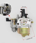 Aftermarket 19mm Carburetor Kit With Manual Choke And Fuel Filter For Honda Predator front and side view showing dimensions
