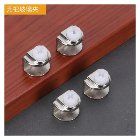 Heavy Duty Glass Shelf Brackets Set With Adjustable Zinc Alloy Clamp Clips for 8 to 10mm glass on wooden surface, 19x15x15mm.