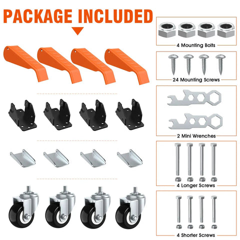 Retractable Caster Wheels Kit For Workbench 660 Lbs Capacity Set Of 4 with mounting bolts, screws, wrenches, and casters