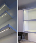 Under Cabinet LED Lighting Kit Pro Series 21 LED Panels 24 Watt 12V DC Cool White 6000K installed on white shelves