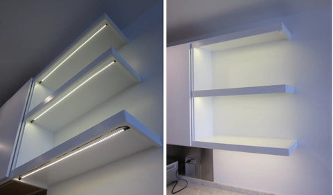 Under Cabinet LED Lighting Kit Pro Series 21 LED Panels 24 Watt 12V DC Cool White 6000K installed on white shelves
