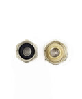 Close-up of brass nuts from the Six Foot Stainless Steel Braided Dishwasher Hose Installation Kit With Three Eighths Inch Compression Connections And Three Quarter Inch Garden Hose Female Swivel Elbow Adapter Burst Proof Water Supply Line For Most Dishwashers