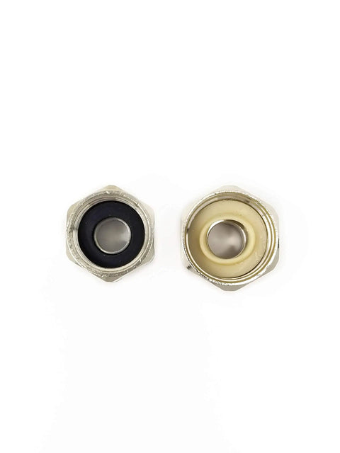 Close-up of brass nuts from the Six Foot Stainless Steel Braided Dishwasher Hose Installation Kit With Three Eighths Inch Compression Connections And Three Quarter Inch Garden Hose Female Swivel Elbow Adapter Burst Proof Water Supply Line For Most Dishwashers