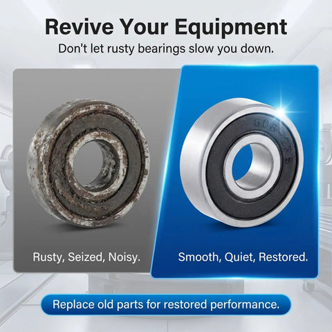 Comparison of rusted, old bearing with new 10-Pack 608-RS Ball Bearings With Double Rubber Seals For Skateboards Inline Skates Scooters Roller Blades And Longboards, Pro Grade Deep Groove Bearings For Smooth Spin And Lasting Durability, 8mm x 22mm x 7mm.