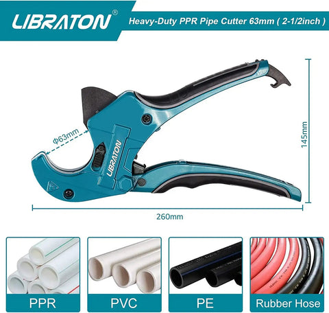 Heavy Duty Ratchet Pipe Cutter For PEX PVC And PPR Hoses Up To Two And A Half Inches With Aluminum Body And SK5 Blade Teflon Coated