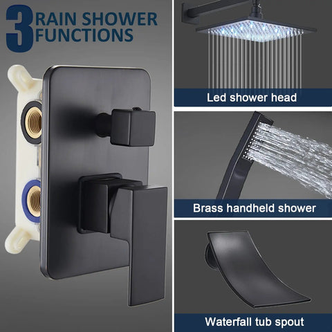 Dope LED Shower System Matte Black Wall Mounted Luxury Rain Mixer Shower Combo With 12 Inch Rainfall Head and Waterfall Tub Spout