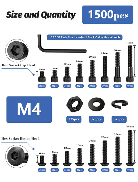 Must-Have All-In-One 1500-Piece M4 Screws Set With Socket Head And Button Head 12.9 And 10.9 Grade Alloy Steel Includes Hex Nuts Flat And Spring Lock Washers Metric Bolts With S2.5 And S3 Hex Keys Black Oxide Finish, M4 sizes