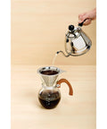 Next Level Pour Over Coffee Maker With Heat Resistant Borosilicate Glass Carafe And Comfortable Bamboo Handle Plus Durable Stainless Steel Filter pouring hot water over coffee grounds.