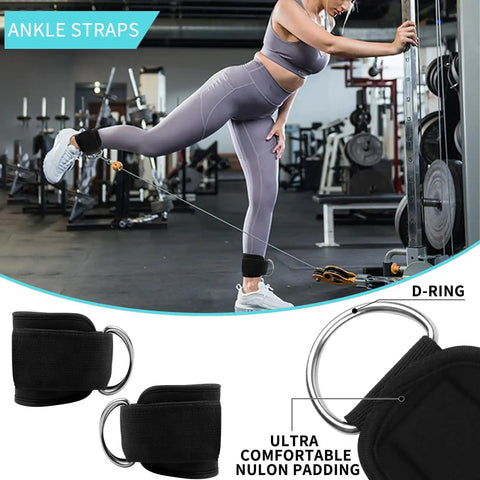 All In One Barbell Pad Kit For Squats And Hip Thrusts With Ankle Straps, Hip Resistance Bands, Lifting Straps And Carry Bag, Perfect For Bench Press And Home Gym Workouts Black - ankle straps in use at the gym with padding visible