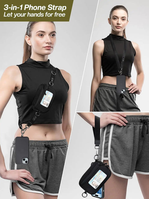 Clip And Go Phone Lanyard With Wallet Crossbody Strap Detachable RFID Wristlet Wallet With ID Window Zipper Pocket Adjustable Black