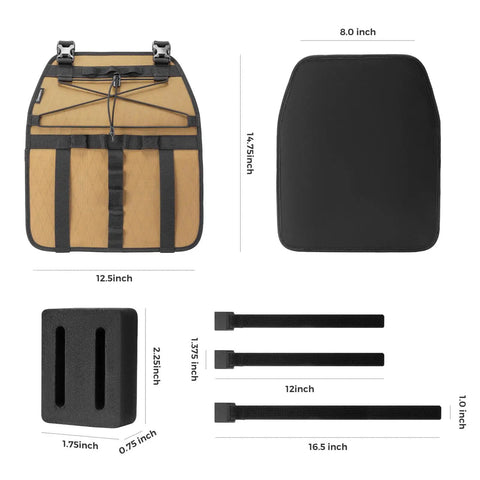 Bike Handlebar Harness For Bikepacking With Front Rack System And Flexible Mounting Options, showing dimensions and straps.