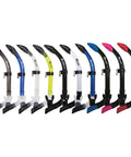 Multiple Bypass Elite Semi-Dry Snorkels with Streamlined Top Water Guard in various colors including transparent yellow, aligned upright
