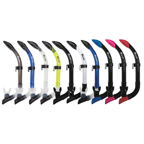 Multiple Bypass Elite Semi-Dry Snorkels with Streamlined Top Water Guard in various colors including transparent yellow, aligned upright