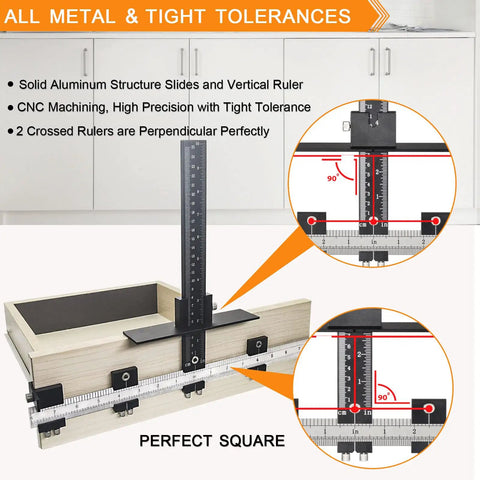 Pro Grade All Metal Cabinet Hardware Jig showing CNC Machined Tolerance with Vertical and Horizontal Rulers