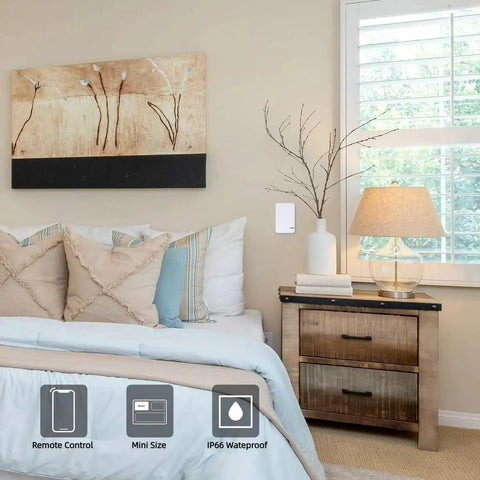Bedroom scene with Wireless Light Switch Kit With Remote Control No Wiring Needed No WiFi Required Waterproof Receiver on wall.