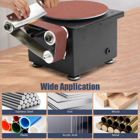 Heavy Duty 6 Inch Mini Disc Sander And Bench Belt Sander Combo, 7 Speed Adjustable Tabletop Grinder with knife sharpening in use.