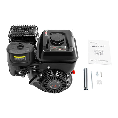Beefed-Up 212cc 7.5HP 4 Stroke Gas Engine Motor For Mini Bikes And Go Karts showing pull start, air filter, and manual.