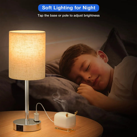 Set Of 2 Bedside Lamps With 3 Way Dimming USB C And USB A Ports And Outlets beside sleeping child, modern nightstand with shade