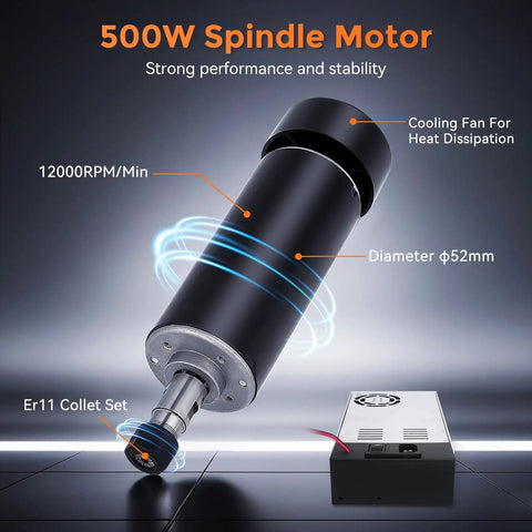 500W Air Cooled Spindle Motor Kit ER11 12000 RPM For DIY Engraving And Router Projects with cooling fan and control box