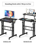 Rolling Standing Desk On Wheels With Height Adjustment Mobile Sit Stand Computer Desk For Home Office Portable Standing Table For Walking Pad Ergonomic Tall Desk in dual usage setup