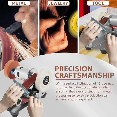 Heavy Duty Mini Sander With Angled Belt And 7 Speed Adjustments, Bad Ass Knife Sharpener Attachment For Metalwork And Jewelry Polish, Smooth Running Electric Grinder Loaded With Sanding Belts For Any Job in use on metal and jewelry.