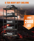 Beefy Heavy Duty Metal Garage Shelves 5-Tier Storage Rack With 2000 Lb Capacity, Adjustable Kitchen Pantry Basement Organizer, black steel shelving unit with 400 lb shelves
