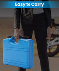 Person holding blue carrying case of Wheel Bearing Removal And Installation Tool Kit VT102 For Harley Davidson 2000 And Up Motorcycles.