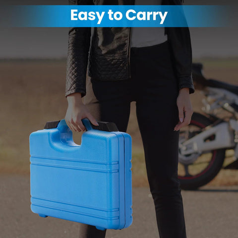 Person holding blue carrying case of Wheel Bearing Removal And Installation Tool Kit VT102 For Harley Davidson 2000 And Up Motorcycles.