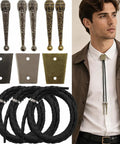 Three Pack Bolo Tie Findings Kit With Iron Slide Clasp Buckle, Alloy End Tips, And Braided Leather Cords For Men And Women, DIY Necktie Jewelry Making Supplies; 3 braided cords and metal tips