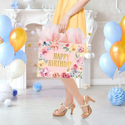 13-Inch Large Happy Birthday Gift Bag With Card And Tissue Papers Floral Design Handles Pink Perfect For Women Girls Birthday Party Gift Wrapping Ideal For Party Decor Gift Opening And Special Celebrations