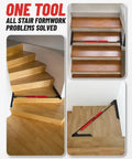 Essential Top Shelf Adjustable Stair Tread Template Tool For Dead Simple Carpentry Layouts And Precision Woodworking Projects With Sturdy Locking Slide Rails on wooden stairs.