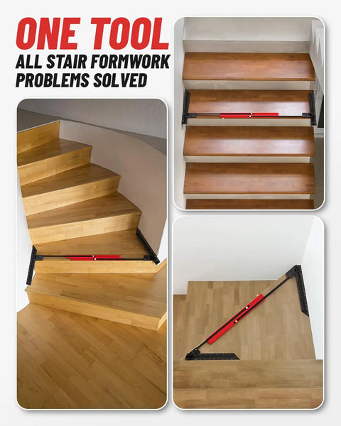 Essential Top Shelf Adjustable Stair Tread Template Tool For Dead Simple Carpentry Layouts And Precision Woodworking Projects With Sturdy Locking Slide Rails on wooden stairs.