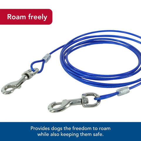 Titan Aerial Dog Run heavy duty tie out cable system, blue cable with metal clips for dogs up to 50 lbs, backyard use