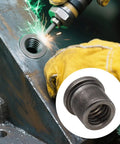 Hella Secure Eight Pack Weld On Nut Tabs Half Inch Thirteen Thread for Casters in use, highlighting durable steel insert and welding process.