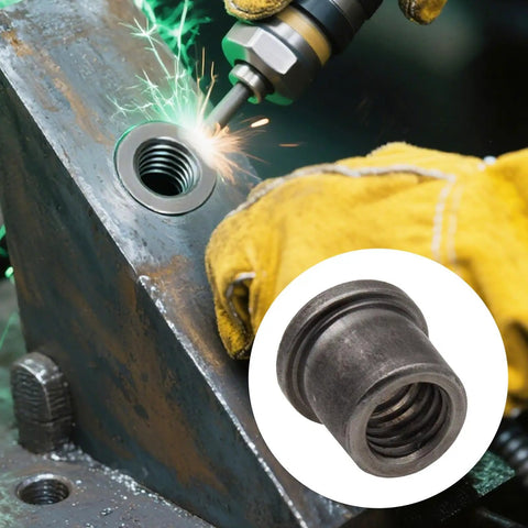 Hella Secure Eight Pack Weld On Nut Tabs Half Inch Thirteen Thread for Casters in use, highlighting durable steel insert and welding process.