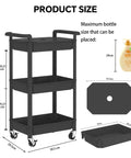Three Tier Rolling Cart With Lockable Casters And Covered Top Board, black utility cart dimensions shown