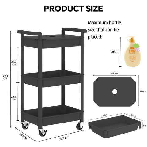Three Tier Rolling Cart With Lockable Casters And Covered Top Board, black utility cart dimensions shown