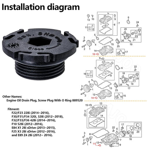 BMW Engine Oil Pan Drain Plug With O Ring Seal 5 Pack For Rear Wheel Drive Models N20 N26 Fits installation diagram