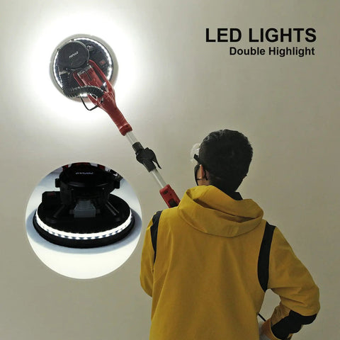 Heavy Duty 810W Drywall Sander With Vacuum Attachment And LED Light in use on ceiling, highlighting LED feature