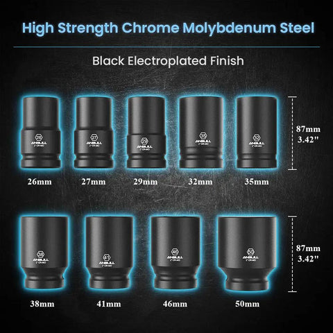 1 Inch Drive Deep Impact Socket Set, 9-Piece Jumbo 6-Point Metric Sockets in CR-Mo Steel, 26 to 50mm sizes displayed