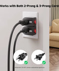 3 Pack Grounded Outlet Switch With On Off Single Outlet Adapter, double plugs connected, wall socket, side view, living room setting
