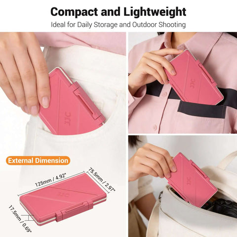 Fresh Hot Pink Memory Card Wallet Slick Waterproof Storage Holder For SD And Micro SD Cards being placed into pocket.