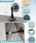 Magnetic Door Stopper 2 Pack Stainless Steel Heavy Duty Door Stops For Bottom Of Door Wall Or Floor Mounting With No Drill Adhesive And Screws Durable Door Holder To Keep Doors Open Safely, shown in black finish on tile and wood surfaces, for floor and wall mounting.