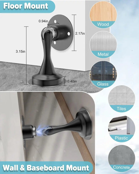 Magnetic Door Stopper 2 Pack Stainless Steel Heavy Duty Door Stops For Bottom Of Door Wall Or Floor Mounting With No Drill Adhesive And Screws Durable Door Holder To Keep Doors Open Safely, shown in black finish on tile and wood surfaces, for floor and wall mounting.