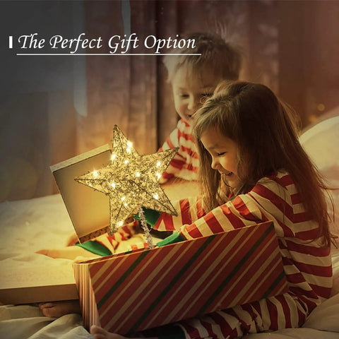 Children opening gift box with glowing star lamp, perfect for Christmas. Moon Shaped Ramadan Desk Lamp Battery Powered With Warm White Led Wrought Iron Frame Cozy Bedside Nightstand Light For Christmas Decor And Vibe Home Bedroom Accent Romantic Soft Glow Silver.